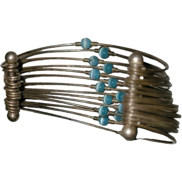 Copper Wires With Turquoise Blue Beads Cuff Bracelet Medium - Picture 5 of 6